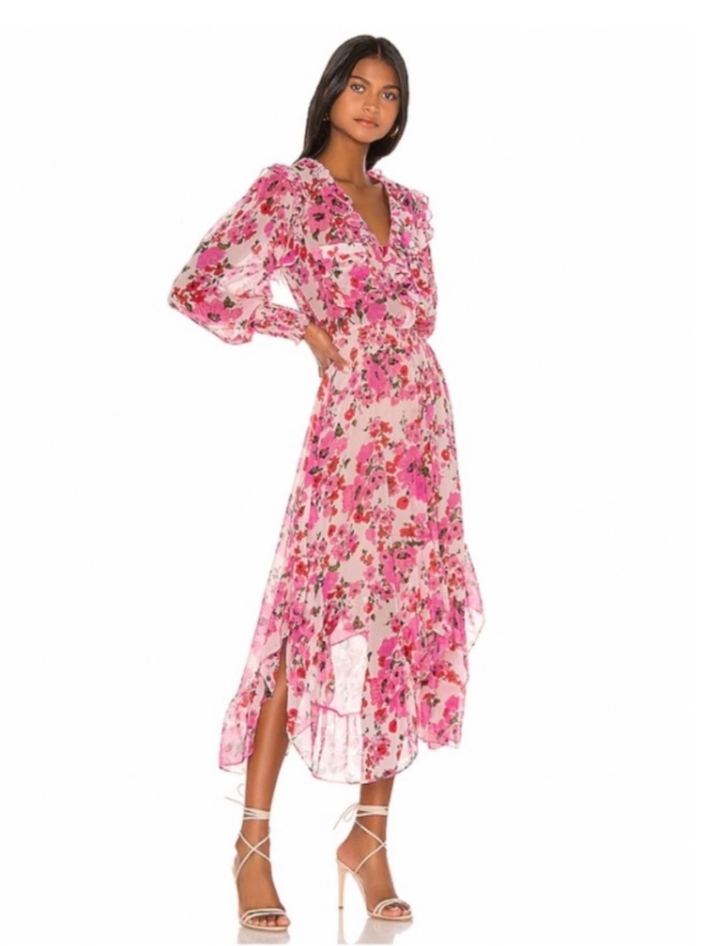 MISA Samantha Dress Flowy Floral Midi Ruffle Long Sleeve V Neck US L - Picture 13 of 15